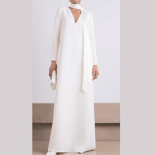 HOCHZEITSKLEID einfach / Bescheidene Hochzeitskleid lange Ärmel / V-Ausschnitt minimalistisches elegantes Brautkleid einer Linie / Off white formelle Kleidung