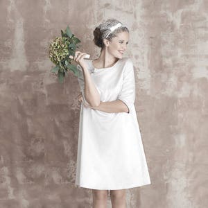 Modest retro wedding dress / A-line simple wedding dress with sleeves / Off white Aline silk wedding dress image 2
