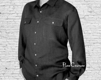 Mens linen shirt / Plus size button up linen shirt for men / Linen collared button down shirt long sleeve