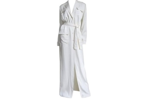 Long Sleeve White Cotton Wrap Maxi Dress Women / Summer High Slit White V Neck Formal Dress Long Sleeve