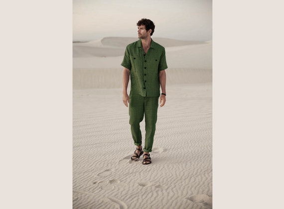 Mens Green Linen Button Down Shirt and Pants / Custom Green Linen Suit /  Casual Pant Suit for Men Plus Size / Linen Loungewear Set 