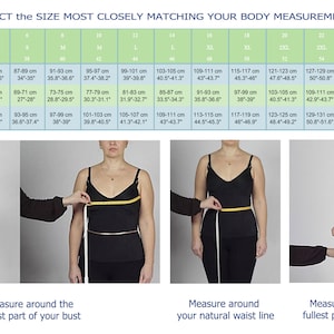 May include: A size chart for clothing with a woman standing in each column, demonstrating how to measure bust, waist, and hips. The chart shows the corresponding size in inches and centimeters for each measurement.
