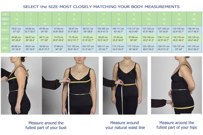May include: A size chart for clothing with a woman standing in each column, demonstrating how to measure bust, waist, and hips. The chart shows the corresponding size in inches and centimeters for each measurement.
