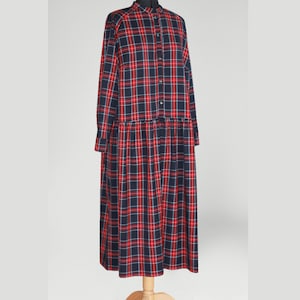 Custom made tartan flannel dress long sleeves / Button down plaid dress red midi vintage / Boho formal plaid dress / Long checked dress