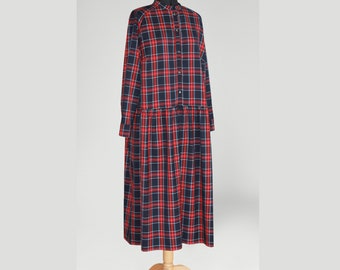 Custom made tartan flannel dress long sleeves / Button down plaid dress red midi vintage / Boho formal plaid dress / Long checked dress