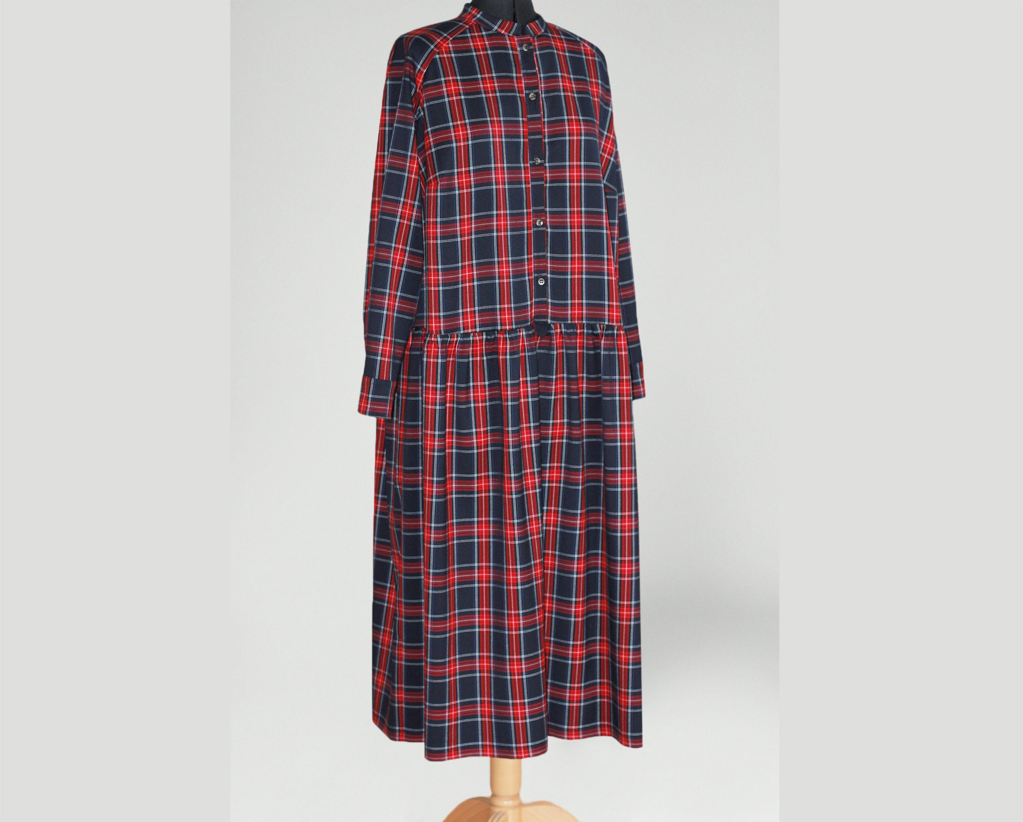 Custom Made Tartan Flannel Dress Long Sleeves/Button Down Plaid Red Midi Vintage Boho Formal Long Checked