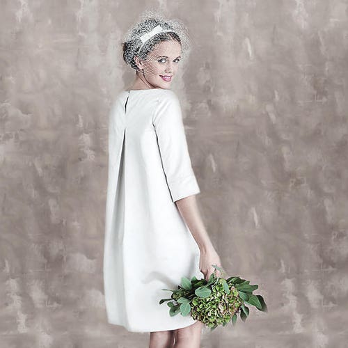 Modest Retro Wedding Dress / A-Line Simple Wedding Dress with Sleeves / Off White Aline Silk Wedding Dress