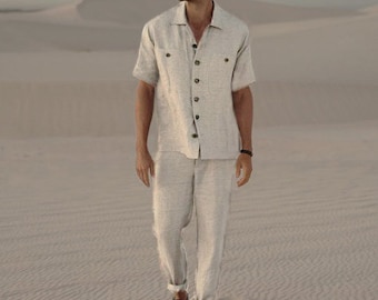 Mens linen loungewear two piece set / Custom ecru off white linen pant and shirt button up suit / Mens short sleeve shirt & pant set