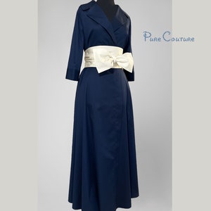 Bridesmaid navy infinity dress with ivory custom bow tie Navy blue and white wedding wrap flowy dress maxi with sleeves and sash belt