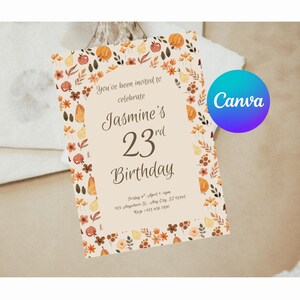 Invitación de cumpleaños de otoño: Calabazas y hojas florales (descarga digital, 5 x 7 pulgadas)