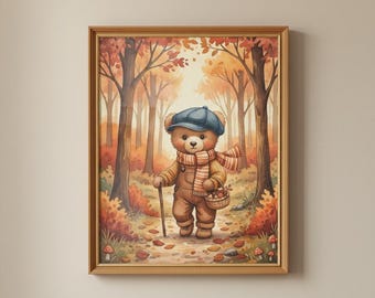 Herbst Bär Kinderzimmer Wand Kunst Druck - Waldspaziergang - Waldtier Digital Download - 40x50cm (skalierbar auf 8x10cm)