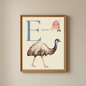 May include: Framed artwork featuring an emu illustration. The letter "E" in blue is above the emu, with the text "is for Emu". A red barn, hay bales, and a small cart are in the upper right corner. The background is a light beige.