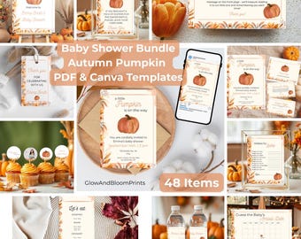 May include: A collection of baby shower templates with a pumpkin theme. The bundle includes invitations, signs, and other printable items. The color scheme features orange, brown, and gold, with autumn leaves and pumpkin illustrations. The text "Baby Shower Bundle Autumn Pumpkin PDF & Canva Templates" is visible.
