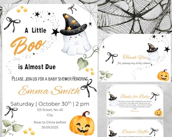 Halloween Baby Shower Cards Bundle – Editable 'A Little Boo' Themed Canva Printable