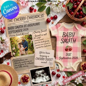 May include: A baby announcement with a newspaper theme, featuring the text "Baby Smith is Arriving September 2026." A pink and white checkered onesie with "Baby Smith" printed on it. Cherries and floral accents complete the design.