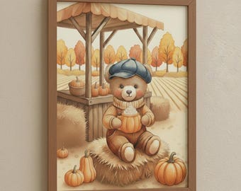 Herbst Bären Kunstdruck - Kürbis Patch Tier Kinderzimmer Dekor (digitaler Download)