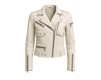 Giacca da motociclista in pelle bianca / Cappotto da motociclista slim fit da donna