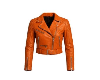 Chaqueta de motociclista de cuero acolchado naranja / Abrigo de motociclista de piel de cordero auténtica / Estilo Y2K
