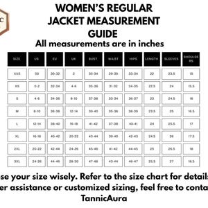 Puede incluir: Una gu&iacute;a de medidas de chaquetas para mujer, con medidas en pulgadas. La tabla incluye tallas de XXS a 3XL, detallando medidas de busto, cintura, caderas, largo, mangas y hombros. El logo de Tannic Aura est&aacute; en la esquina superior izquierda.