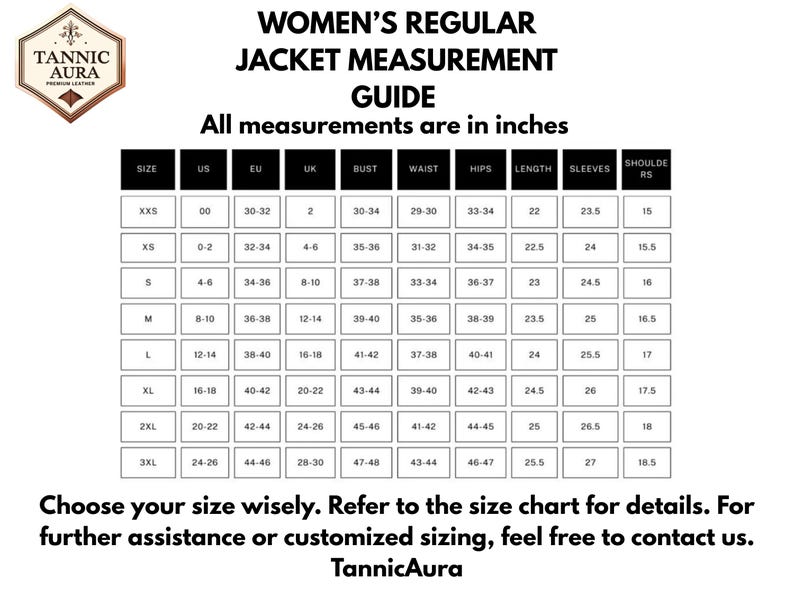 Puede incluir: Una gu&iacute;a de medidas de chaquetas para mujer, con medidas en pulgadas. La tabla incluye tallas de XXS a 3XL, detallando medidas de busto, cintura, caderas, largo, mangas y hombros. El logo de Tannic Aura est&aacute; en la esquina superior izquierda.