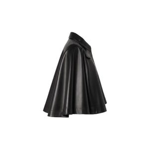 May include: A black leather cape with a collar and a flared silhouette. The cape has a smooth, shiny finish and appears to be made of a high-quality material. The design includes a small pocket on the front.