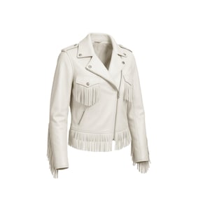 White Fringe Leather Jacket | Cowgirl Moto Jacket | Western Bridal Jacket | Custom Fringe Coat | Boho Festival Cowgirl Outfit