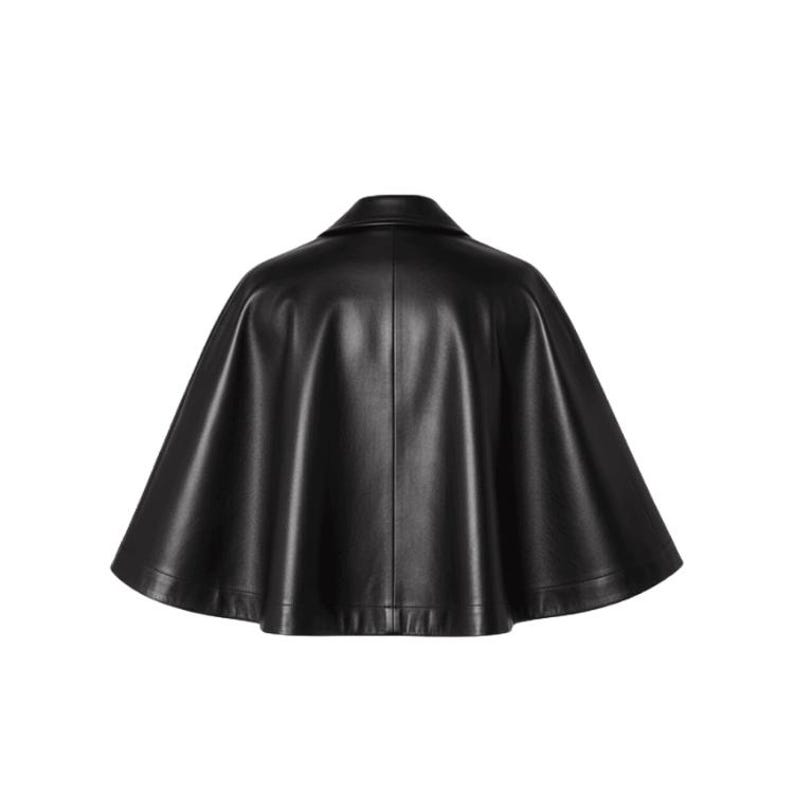 May include: A black leather cape with a classic collar. The cape is made of a smooth, shiny material and has a flowing, circular shape. The back view of the cape is shown, highlighting the tailored design and the quality of the leather.