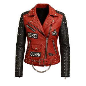 Red Leather Studded Biker Jacket: Rebel Queen Punk Style