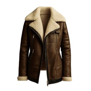 May include: A brown leather jacket with a cream-colored shearling collar and lining. The jacket features a zip closure, multiple pockets, and shearling cuffs. The jacket is a classic style, perfect for cold weather.
