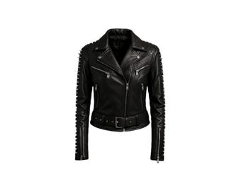 Spiked Black Leather Biker Jacket: Heavy Metal Punk Moto Style