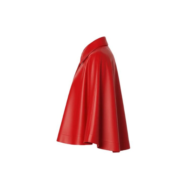 May include: A vibrant red cape with a classic collar. The cape is made of a smooth, shiny material and drapes elegantly. The design is simple and modern, suitable for various occasions.