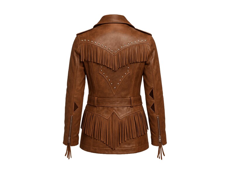 Puede incluir: Chaqueta de cuero marr&oacute;n con flecos en la espalda, hombros y dobladillo. La chaqueta presenta un cintur&oacute;n, tachuelas decorativas y cremalleras en las mangas. Una elegante prenda de vestir exterior de inspiraci&oacute;n occidental.