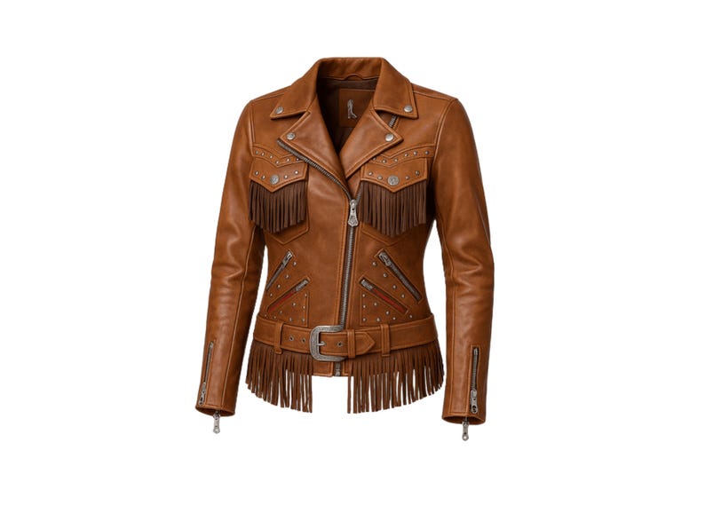 Puede incluir: Chaqueta de cuero marr&oacute;n con flecos, cintur&oacute;n y herrajes plateados. La chaqueta presenta un estilo motero cl&aacute;sico con cuello de solapa, bolsillos con cremallera y detalles de tachuelas. La chaqueta mide unos 61 cm de largo.