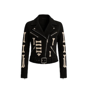 Skeleton Biker Jacket: Gothic Punk Leather Moto Coat with Bone Applique