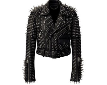 Handmade Studded Leather Biker Jacket | Punk Rock Moto Coat