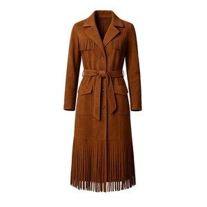 Brown Suede Fringe Maxi Trench Coat: Western Boho Belted Duster Jacket