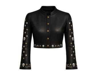 Handmade Cropped Leather Biker Jacket | Gothic Star & Skull Details