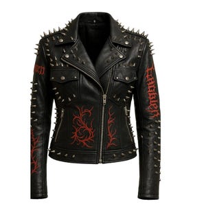 Heavy Metal Spiked Leather Jacket | Gothic Punk Embroidered Biker Jacket | Custom Design Available