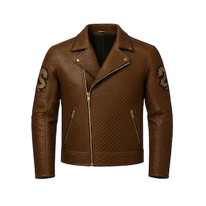 May include: Brown leather jacket with a quilted pattern and a diagonal zipper. The jacket has a notched collar, two zippered pockets, and gold dragon embroidery on the shoulders. A stylish outerwear piece.