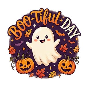 Könnte beinhalten: Eine kreisförmige grafische Illustration mit einem lächelnden weißen Geist in der Mitte, flankiert von zwei orangefarbenen Kürbissen und herbstlichen Blättern. Der Text BOO-TIFUL DAY steht in orangefarbenen und weißen Buchstaben über dem Geist.