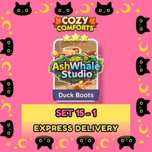 Puede incluir: Gráfico rosa con caras de gatos negros, lunas amarillas y estrellas. La imagen presenta texto que dice "COZY COMFORTS", "AshWhale Studio" y "Duck Boots". Texto adicional dice "SET 15-1" y "EXPRESS DELIVERY".