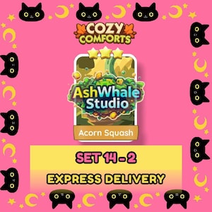 May include: A pink background with black cat faces, yellow moons, and stars. The image features a central graphic with the text "AshWhale Studio" and "Acorn Squash." The words "Cozy Comforts" are also displayed.