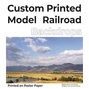 May include: Custom printed model railroad backdrops. The image shows a scenic landscape with mountains, a lake, and a cloudy sky. The text on the image says "Printed on Poster Paper" and "Widths from 4 to 10 Feet Heights from 12 to 24 Inches."