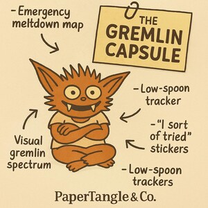 May include: A whimsical poster with the text "YOUR BRAIN'S NOT BROKEN - IT'S JUST BUFFERING WITH A GOBLIN IN THE DRIVER'S SEAT." Features a cartoon gremlin and the text "THE GREMLIN CAPSULE" with related labels like "Low-spoon tracker".