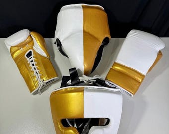Personalized Boxing Glove Set: Custom Logo, Gold & White Leather, Handmade
