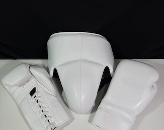 Custom White Cowhide Leather Boxing Gloves & Groin Protector Set