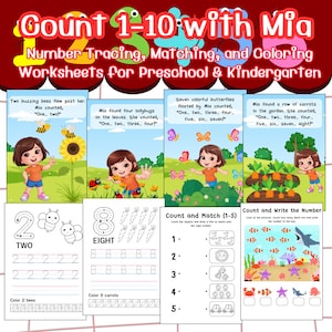 Count 1–10 with Mia | Number Tracing, Matching, and Coloring Worksheets