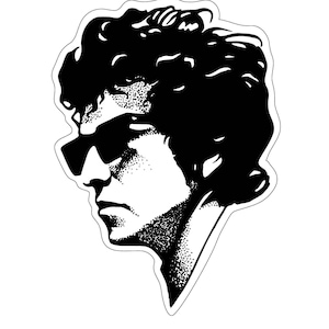 May include: Black and white illustration of a person with curly hair wearing sunglasses.