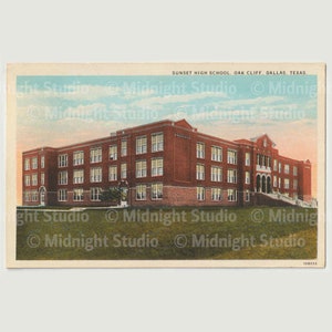 Cartão postal vintage Oak Cliff 1 JPG Impressão artística instantânea da Sunset High School em Oak Cliff, Dallas, Texas 30" x 20" Download digital