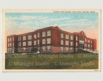 Oak Cliff Vintage Postcard 1 JPG Instant Art Print of Sunset High School in Oak Cliff, Dallas, Texas 30" x 20" Digital Download